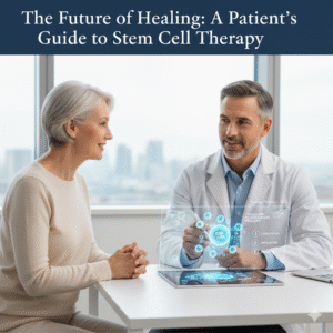 Doctor using a digital display to show the cellular regeneration process of stem cell therapy.